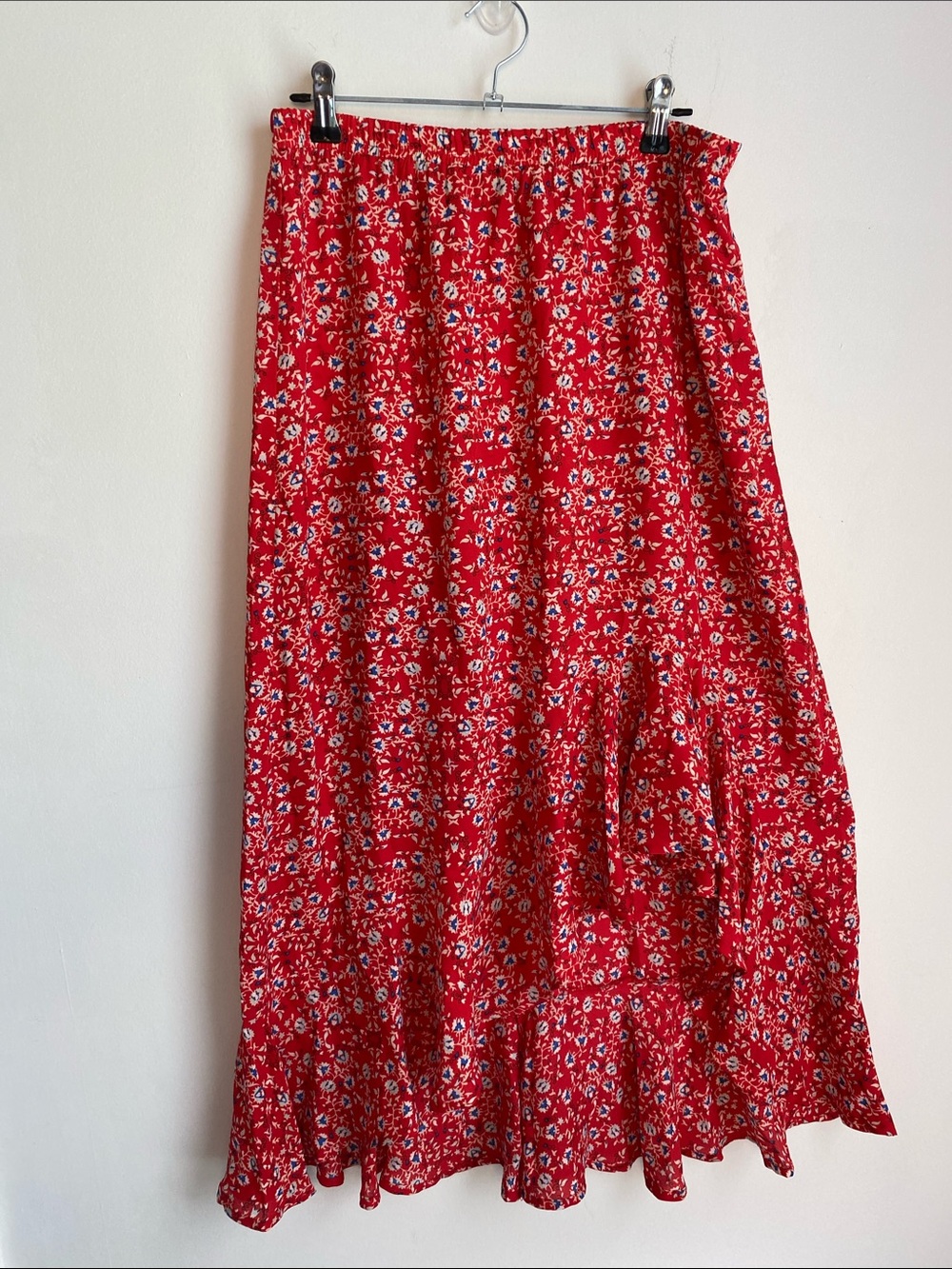 Women’s Red Floral Maxi Skirt with Ruffle Hem